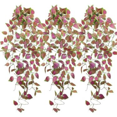 Imagem de LOYWREE Pacote com 3 plantas artificiais pequenas penduradas com vaso, plantas roxas falsas de videira de hera sintética para prateleira, escritório, ambientes internos e externos, jardim, decoração