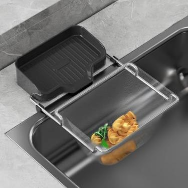 Imagem de Cesta de filtro de pia de cozinha, coletor de alimentos dobrável, rack de filtro de resíduos de malha com bandeja destacável, cesta de drenagem de pia de canto suporte de pano de prato suspenso com 50