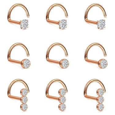 Imagem de UBGICIG 9 peças de aço cirúrgico parafusos de nariz – joia piercing de narina saca-rolhas calibre 20 com 2 mm CZ banhado a ouro para mulheres estilo dois, Aço inoxidável, Sem Pedra Preciosa