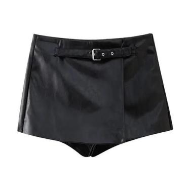 Imagem de Saia Shorts Mini de Couro PU - Cintura Alta, Preta, com Zíper Lateral 