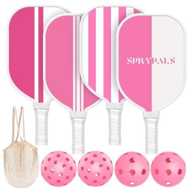 Imagem de Sprypals Raquetes de pickleball rosa, aprovados pela USAPA, conjunto de 4 com 4 bolas de pickleball e 1 bolsa de transporte de madeira de alta qualidade para bolas de pickle, raquetes ergonômicas para mulheres e jovens