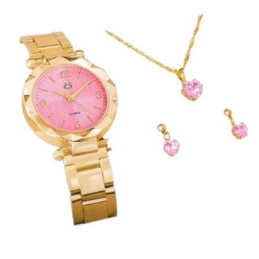 Imagem de Kit Feminino Relogio Dourado Luxo Exclusividade Colar Ouro Brincos Strass Caixa Premium Presente Elegante Sofisticado Charme Beleza Qualidade Unica