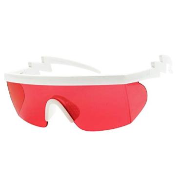 Imagem de ShadyVEU Óculos de sol semi-aro neon arco-íris lentes espelhadas proteção UV retrô anos 80 sombra torta ziguezague parafuso braço, White Frame W/ Red Lens, Large