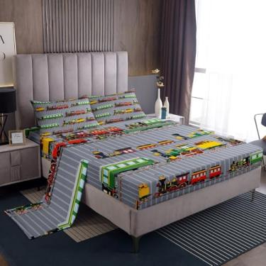 Imagem de Jogo de lençol solteiro com desenho animado retrô de motor a vapor para crianças, adultos, 3 peças, para amantes de carros coloridos + lençol de cima, 1 fronha, todas as estações