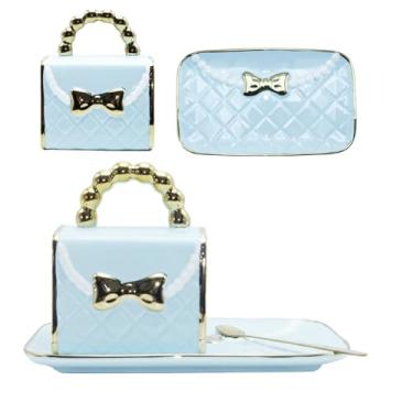 Imagem de Ynsfree Conjunto de canecas de café e colar de bolsa de cerâmica xícara de chá exclusivo em forma de saco de caneca e pires com colher para mulheres presentes de Natal (azul)