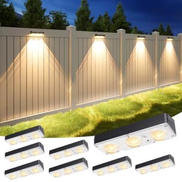 Imagem de APONUO Pacote com 8 luzes de cerca solar, RGB e branco frio e branco quente e 8 cores 3 lentes LED Deck Light, cerca de luzes solares à prova d'água, luzes solares externas para quintal/parede/pátio