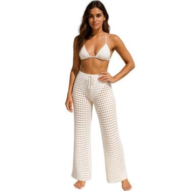Imagem de Saída De Praia Calça Tricot Crochê Pantalona Alto Verão Cintura Alta M