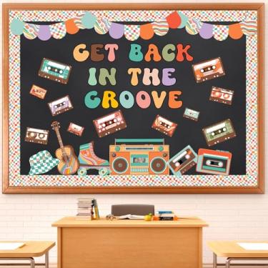 Imagem de FYSUIMU Conjunto de 86 peças de decoração de quadro de avisos retrô para guitarra, fitas cassetes, recortes de papel xadrez xadrez com 160 peças de pontos de cola para festa de volta às aulas