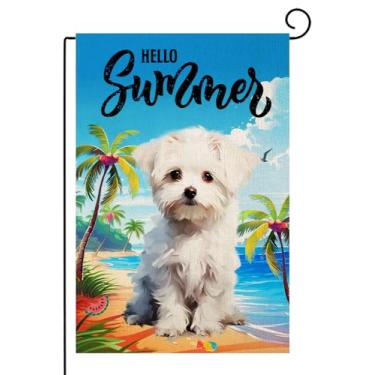 Imagem de TopPacific Bandeira de jardim maltês Hello Summer Sea Beach Dogs 30 x 45 cm dupla face externa, sorvete gaivota melancia sazonal feriado quintal decoração ao ar livre (9156)
