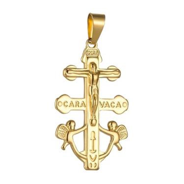 Imagem de COTTVOTT Cruz De Caravaca Cruz Jesus Crucifixo Pingente Católica Caravaca Dupla Cruz com Anjos Colar Pingente Criação de Joias Religiosas (tom dourado-G)