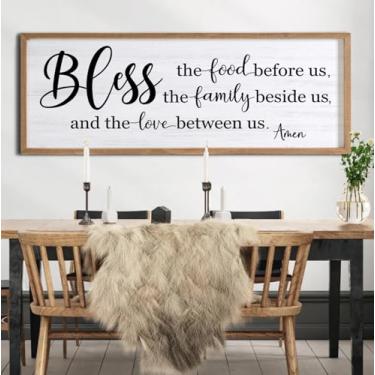 Imagem de Bless the Food Before Us, the Family Beside Us, and the Love between us Arte de parede emoldurada para sala de jantar, 101 cm × 38 cm Santo Positivo Religioso Rústico Versículo da Bíblia para Deus