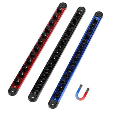 Imagem de Mayouko Organizador de soquete magnético de alumínio, suporte de trilho de soquete de 3 peças, 1/10.2 cm x 14 clipes, 3/20.3 cm x 14 clipes, 1/2 polegada x 12 clipes, armazenamento 40 soquetes