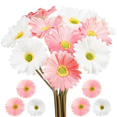 Imagem de Hoteam 10 peças de flores artificiais gerbera margaridas PU falso buquê de toque real rosa branco com hastes de mesa centro de mesa decoração de casa para casamento, casamento, aniversário, chá de