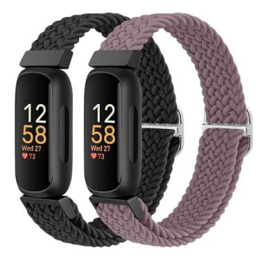Imagem de Pacote com 2 pulseiras compatíveis com Fitbit Inspire 3/Inspire 2/Inspire/Inspire HR, pulseira de reposição de nylon esportiva elástica ajustável para mulheres e homens (preto + violeta fumo)