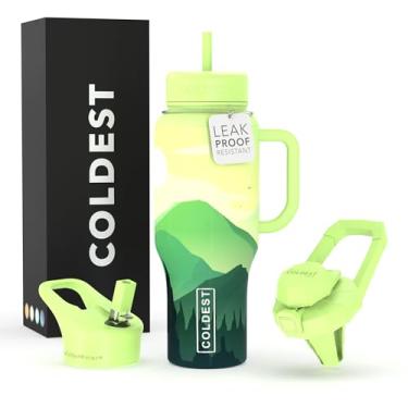 Imagem de Copo Coldest com alça e canudo - Copo isolado 100% à prova de vazamento com tampa e canudo (3 tampas) - Copos de aço inoxidável para mulheres e homens - Base compatível com porta-copos, 1,020 g (Happy