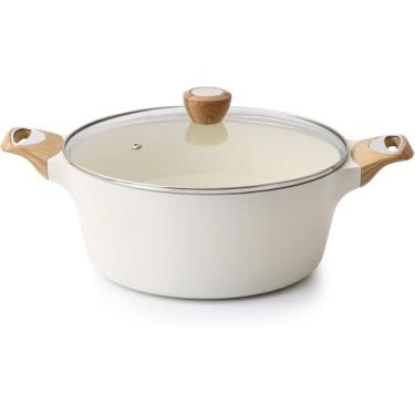 Imagem de SENSARTE Panela de cerâmica antiaderente de 4,5 litros para sopa, caçarola com tampa, panela de macarrão saudável, panela de molho com cabo de baquelite de grãos de madeira, compatível com todos os