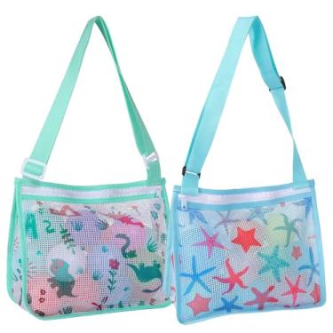 Imagem de Pacote com 2 sacos de malha de concha com zíper, bolsa de concha para brinquedos de areia, bolsa de malha para brinquedos, itens essenciais de praia para crianças, Estrela do mar azul lago +