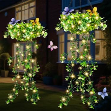 Imagem de Luzes solares suspensas de jardim – pacote com 4, 66 LEDs decoração de borboleta e flor, IP65 luzes de pátio de verão à prova d'água para festa ao ar livre, acampamento, piscina, casamento romântico