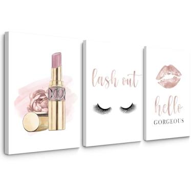 Imagem de Arte de parede de maquiagem em tela, arte moderna, imagens de cílios, decoração de parede, batom, lábios, pintura de cílios, decoração de salão de beleza, arte de parede, ouro rosa, pôster fashion