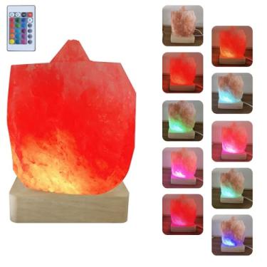 Imagem de YZYOE Lâmpada de sal do Himalaia gradiente de cor USB, decoração de atmosfera à base de madeira maciça, lâmpada de sal de forma natural com controle remoto, luz noturna de cabeceira de pedra de