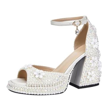Imagem de Goolita Salto plataforma feminino com bico aberto e pérola para mulheres, fivela grossa, tira no tornozelo, sandálias de salto para casamento, vestido para noite de noiva, Colorido., 40