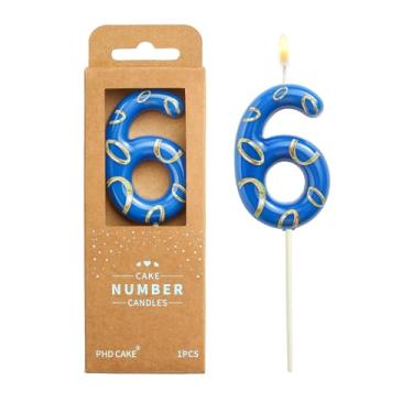 Imagem de PHD CAKE Anéis azuis e dourados de 7 cm com 6 números de velas de aniversário, velas com números de desenho animado, velas com número de bolo, celebração de festa, vela estilo