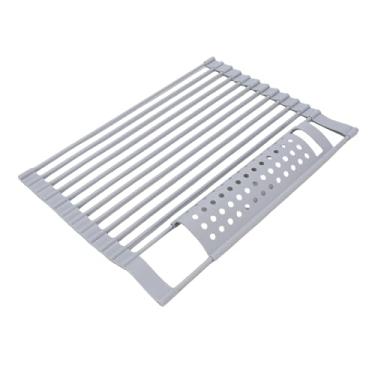 Imagem de AUNMAS Role Up Rack de Secagem sobre a Pia Silicone Embrulhado Em Aço Inoxidável Rack de Prato Dobrável Rack Portátil de Secagem de Pia por Portão para Cafés de Escritório Em Casa (S)
