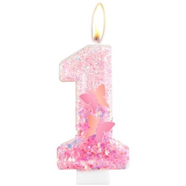 Imagem de iNINGER Vela de aniversário número 1 rosa, velas número 1 de aniversário de meninas, topo de bolo de feliz aniversário de borboleta com glitter, decorações de cupcake de casamento para festa de