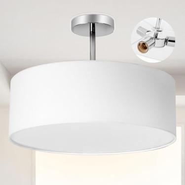 Imagem de Luminária de teto, Luminária pendente de tecido moderno com montagem semi-embutida, Abajur de tambor branco grande, Luminária pendente redonda, lâmpadas para quartos, mate cromado embutido, 3 lâmpadas