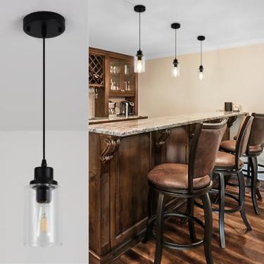 Imagem de JTYKHNM Luminária pendente preta, cilindro de vidro transparente, mini iluminação pendente para decoração de ilha de cozinha, mesa de jantar moderna, lâmpada de teto vintage para casa de fazenda para