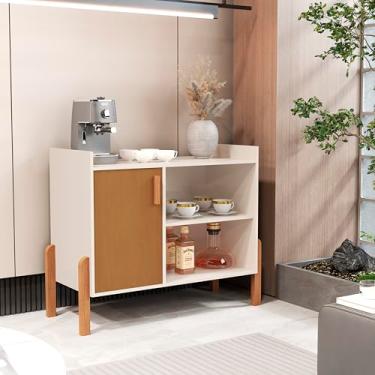 Imagem de Balcão para Café com Prateleiras 1 Porta Pés em Madeira Maciça Buffet Aparador para Cozinha (Off White/Cedro)