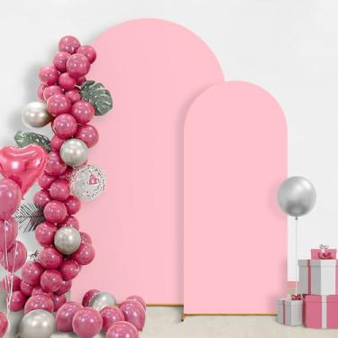 Imagem de GOJAWAY Conjunto de 3 capas de arco de casamento rosa de 1,8 m / 2 m, capas de suporte de arco de casamento de elastano para topo redondo Chiara Arch Back, suporte para decoração de festa de