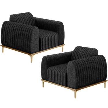 Imagem de Kit 02 Poltronas Decorativas Base De Madeira e Pés D`Ouro Molino D02 Linho Chumbo C-465 - Lyam Decor