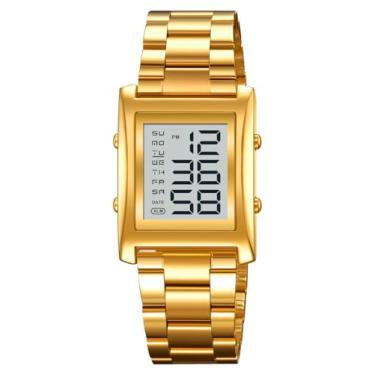 Imagem de Relógios masculinos modernos multifunções para esportes ao ar livre relógio EL Light grande display digital cronógrafo aço inoxidável relógios retangulares, Dourado, Esportes ao ar livre