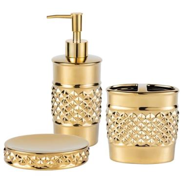 Imagem de LiveHouse Conjunto De 3 Acessórios Banheiro Cerâmica Dourada - Luxuoso Dispensador Sabonete, Porta-Escovas Dentes E Prato Com Design Moderno Em Relevo Geométrico Para