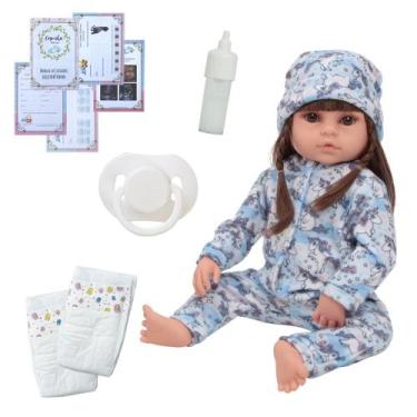 Imagem de Boneca Reborn Realista Cabelo Castanho Pijama Unicórnio - Cegonha Rebo