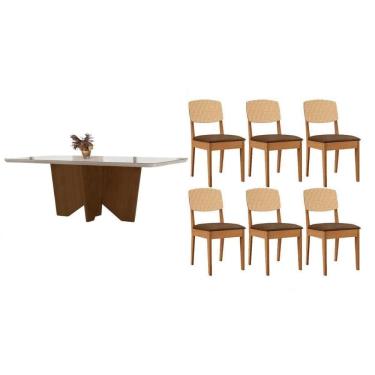 Imagem de Conjunto Sala de Jantar Nevada c/ Tampo Madeirado c/ Vidro Canto Curvo 180x90cm e 6 Cadeiras Havana Premium Naturale/Off White - Capuccino/Suede Marro
