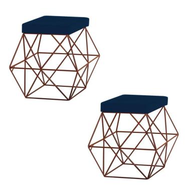 Imagem de Kit 2 Puffs Decorativo Sala de Estar Base Bronze Trixie Veludo Azul - Gran Belo