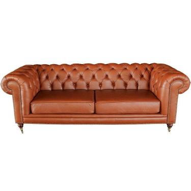 Imagem de Sofá 3 Lugares Sala de Estar 235cm Chesterfield Duo Couro Conhaque Brilho - Gran Belo