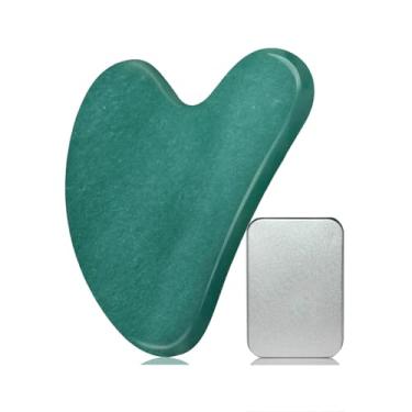 Imagem de Rolo de jade e ferramenta facial Gua Sha | Massagem de pele para rosto corpo olhos pescoço estilo coração com bolsa de viagem | Presente de cuidados com a pele (verde escuro)