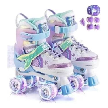 Imagem de Patins Infantil Ajustável com LED, Tema Sereia, 4 Rodas, Rosa e Verde Água, Kit Proteção e Capacete Inclusos, para Crianças (Roxo, S-28 ao 32)