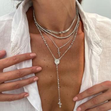 Imagem de Colar feminino com pingente de cruz cravejado de diamante moderno em camadas, presente de casamento, joias requintadas, ONE SIZE, Metal metal Pedra fluorescente, Sem Pedra Preciosa