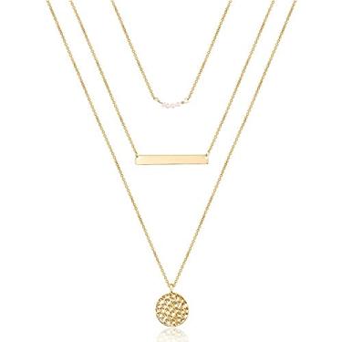 Imagem de Colar em camadas minimalista banhado a ouro 14K, conjunto de 3 peças para mulheres, gargantilha delicada com barra e pingente de disco - pérola/círculo interligado/contas - estilos de corrente