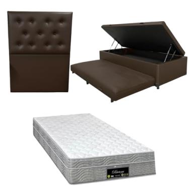 Imagem de Cama Box Baú Solteiro com Auxiliar (Bicama) + Colchão RivIera Molas Ensacadas 25cm | Kit Completo com Cabeceira Botonê Opcional | Diversas Cores (3, CORINO MARROM, COM CABECEIRA)