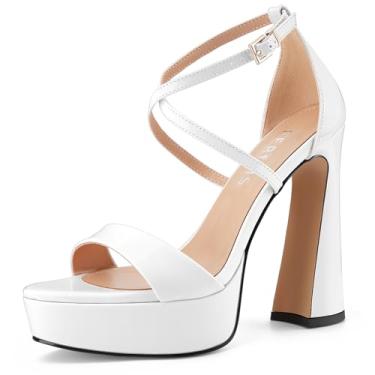 Imagem de Sandálias femininas de salto alto grosso, plataforma aberta, peep toe, tira no tornozelo, salto com tiras e fivela de tira cruzada única para mulheres, casamento sexy, 12 cm, Patente branca, 36