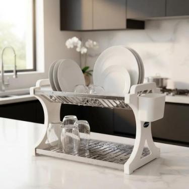 Imagem de Escorredor de Louça 16 Pratos Branco em aço Inox Alto com Porta Talher