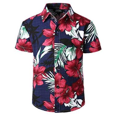 Imagem de Camisa havaiana de manga curta com botão casual floral para meninos grandes da JOGAL, Azul marino, 6