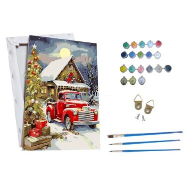 Imagem de ossomo Kit de pintura de Natal por números para adultos iniciantes com moldura de madeira, pintura de caminhão vermelho por número em tela, kits de pintura faça você mesmo, artesanato adequado para