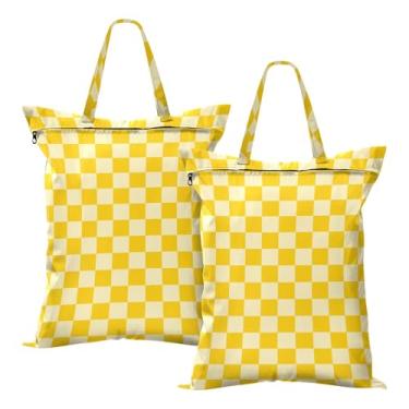 Imagem de Sacos de lavanderia de viagem, 2 peças, saco seco e molhado com alça organizador de roupas sujas para maiô, praia, acampamento, impermeável, lavável, amarelo xadrez