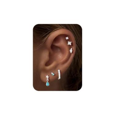 Imagem de M MOOHAM Brincos hipoalergênicos com costas planas para mulheres, banhado a ouro 14K, zircônia cúbica, turquesa, argola de pérola, cartilagem de aço cirúrgico, conjunto de brincos para vários